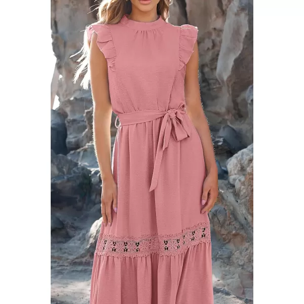 imagePRETTYGARDEN Womens Casual Maxi Dress Summer Ruffle Cap Sleeve A Line Long Flowy Dresses with BeltPink