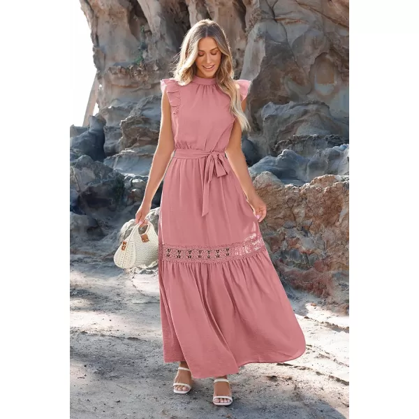 imagePRETTYGARDEN Womens Casual Maxi Dress Summer Ruffle Cap Sleeve A Line Long Flowy Dresses with BeltPink