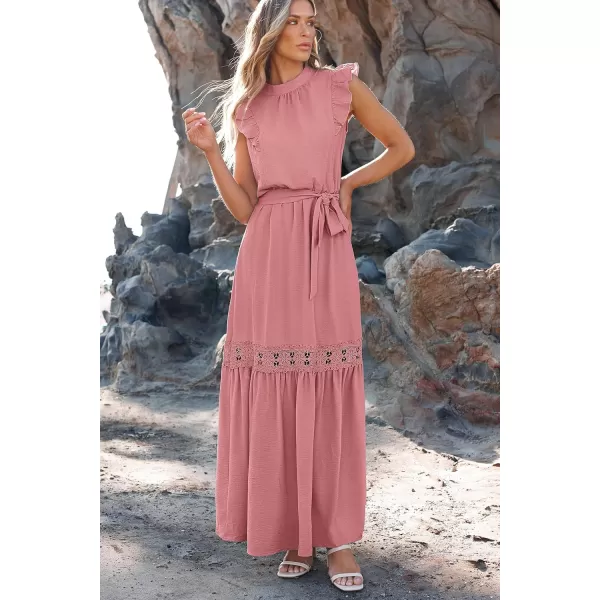 imagePRETTYGARDEN Womens Casual Maxi Dress Summer Ruffle Cap Sleeve A Line Long Flowy Dresses with BeltPink