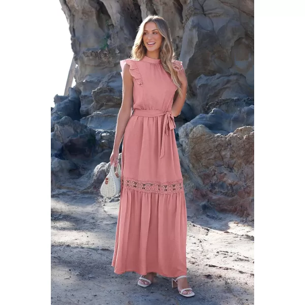 imagePRETTYGARDEN Womens Casual Maxi Dress Summer Ruffle Cap Sleeve A Line Long Flowy Dresses with BeltPink