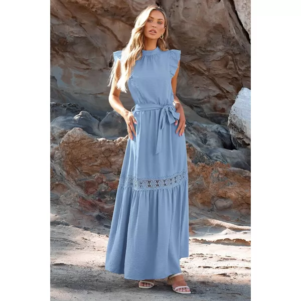 imagePRETTYGARDEN Womens Casual Maxi Dress Summer Ruffle Cap Sleeve A Line Long Flowy Dresses with BeltSky Blue