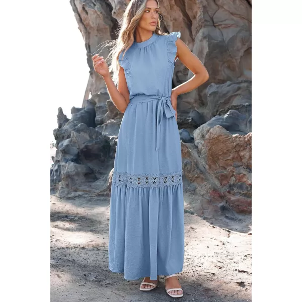 imagePRETTYGARDEN Womens Casual Maxi Dress Summer Ruffle Cap Sleeve A Line Long Flowy Dresses with BeltSky Blue