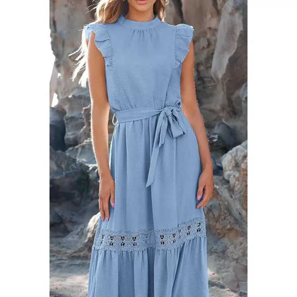 imagePRETTYGARDEN Womens Casual Maxi Dress Summer Ruffle Cap Sleeve A Line Long Flowy Dresses with BeltSky Blue