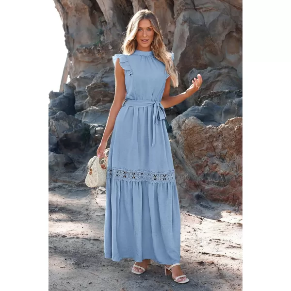 imagePRETTYGARDEN Womens Casual Maxi Dress Summer Ruffle Cap Sleeve A Line Long Flowy Dresses with BeltSky Blue