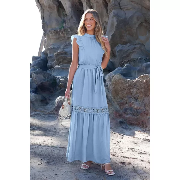 imagePRETTYGARDEN Womens Casual Maxi Dress Summer Ruffle Cap Sleeve A Line Long Flowy Dresses with BeltSky Blue