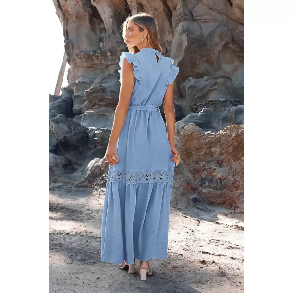imagePRETTYGARDEN Womens Casual Maxi Dress Summer Ruffle Cap Sleeve A Line Long Flowy Dresses with BeltSky Blue