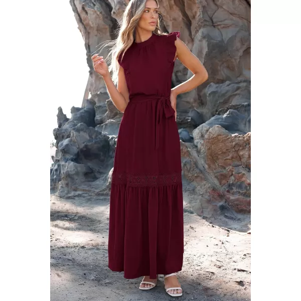 imagePRETTYGARDEN Womens Casual Maxi Dress Summer Ruffle Cap Sleeve A Line Long Flowy Dresses with BeltWine Red
