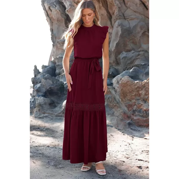 imagePRETTYGARDEN Womens Casual Maxi Dress Summer Ruffle Cap Sleeve A Line Long Flowy Dresses with BeltWine Red