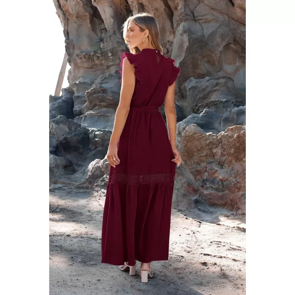 imagePRETTYGARDEN Womens Casual Maxi Dress Summer Ruffle Cap Sleeve A Line Long Flowy Dresses with BeltWine Red