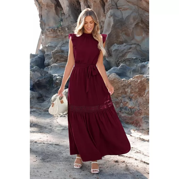 imagePRETTYGARDEN Womens Casual Maxi Dress Summer Ruffle Cap Sleeve A Line Long Flowy Dresses with BeltWine Red