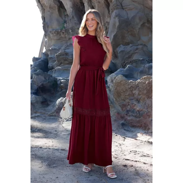 imagePRETTYGARDEN Womens Casual Maxi Dress Summer Ruffle Cap Sleeve A Line Long Flowy Dresses with BeltWine Red