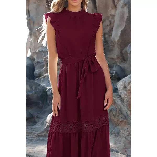 imagePRETTYGARDEN Womens Casual Maxi Dress Summer Ruffle Cap Sleeve A Line Long Flowy Dresses with BeltWine Red