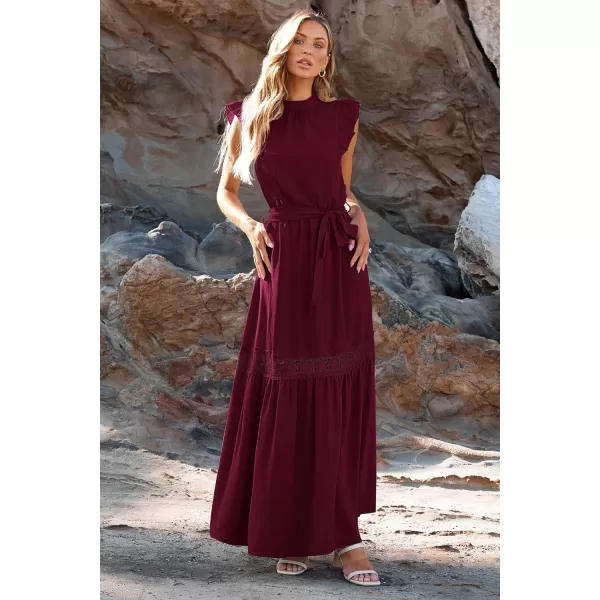 imagePRETTYGARDEN Womens Casual Maxi Dress Summer Ruffle Cap Sleeve A Line Long Flowy Dresses with BeltWine Red