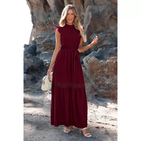 imagePRETTYGARDEN Womens Casual Maxi Dress Summer Ruffle Cap Sleeve A Line Long Flowy Dresses with BeltWine Red