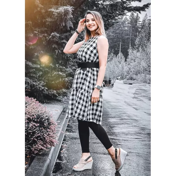 imagePRETTYGARDEN Womens Casual Plaid Sleeveless Ruffle Sundress Round Neck ALine Pleated Mini Short T Shirt Dress with PocketsBlack