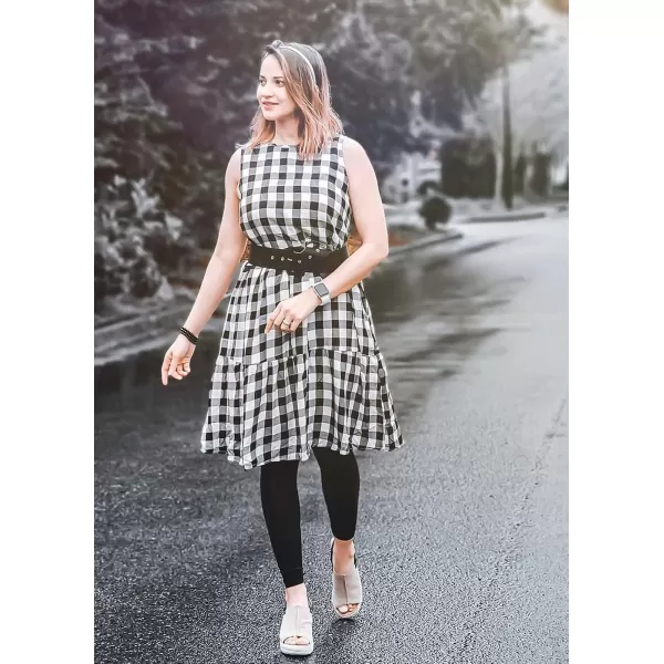 imagePRETTYGARDEN Womens Casual Plaid Sleeveless Ruffle Sundress Round Neck ALine Pleated Mini Short T Shirt Dress with PocketsBlack