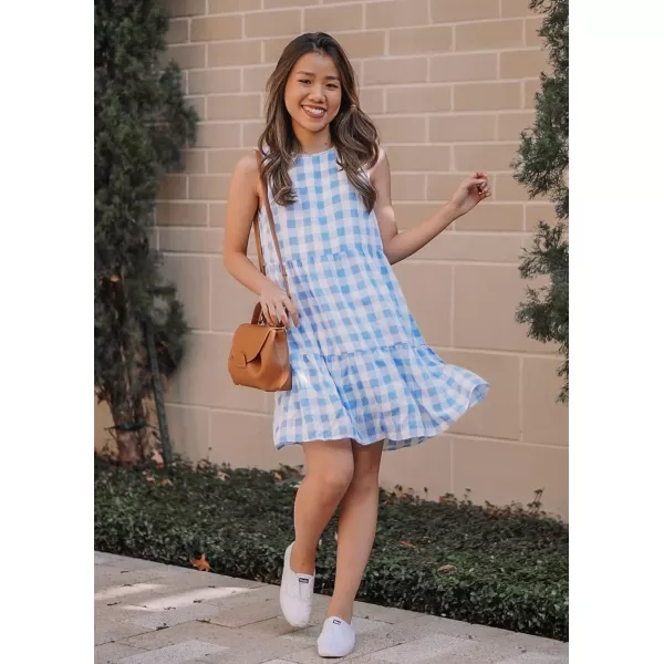 imagePRETTYGARDEN Womens Casual Plaid Sleeveless Ruffle Sundress Round Neck ALine Pleated Mini Short T Shirt Dress with PocketsBlue