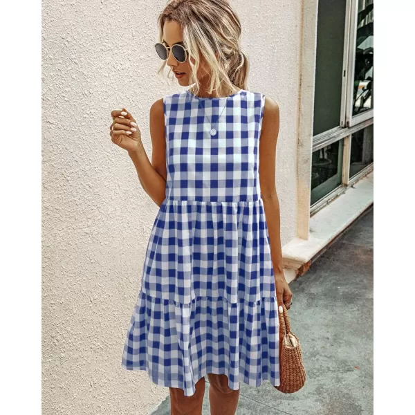 imagePRETTYGARDEN Womens Casual Plaid Sleeveless Ruffle Sundress Round Neck ALine Pleated Mini Short T Shirt Dress with PocketsDark Blue