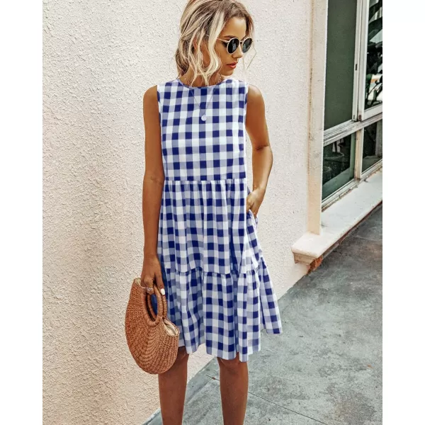 imagePRETTYGARDEN Womens Casual Plaid Sleeveless Ruffle Sundress Round Neck ALine Pleated Mini Short T Shirt Dress with PocketsDark Blue
