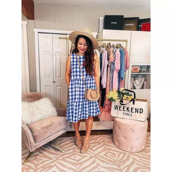 imagePRETTYGARDEN Womens Casual Plaid Sleeveless Ruffle Sundress Round Neck ALine Pleated Mini Short T Shirt Dress with PocketsDark Blue