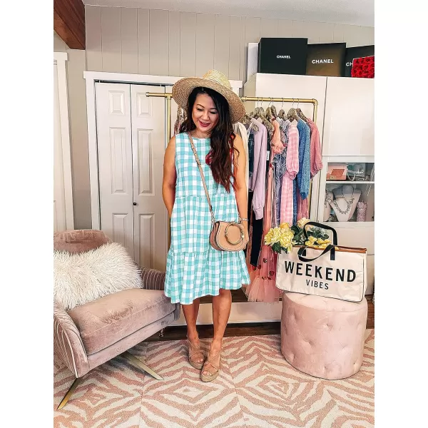 imagePRETTYGARDEN Womens Casual Plaid Sleeveless Ruffle Sundress Round Neck ALine Pleated Mini Short T Shirt Dress with PocketsGreen