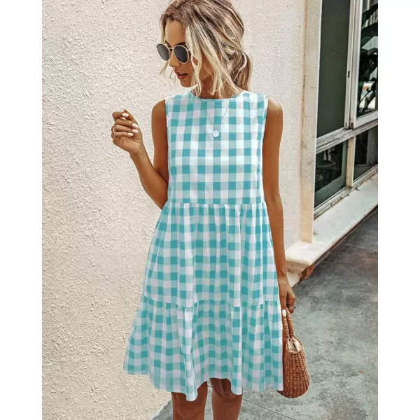 imagePRETTYGARDEN Womens Casual Plaid Sleeveless Ruffle Sundress Round Neck ALine Pleated Mini Short T Shirt Dress with PocketsGreen