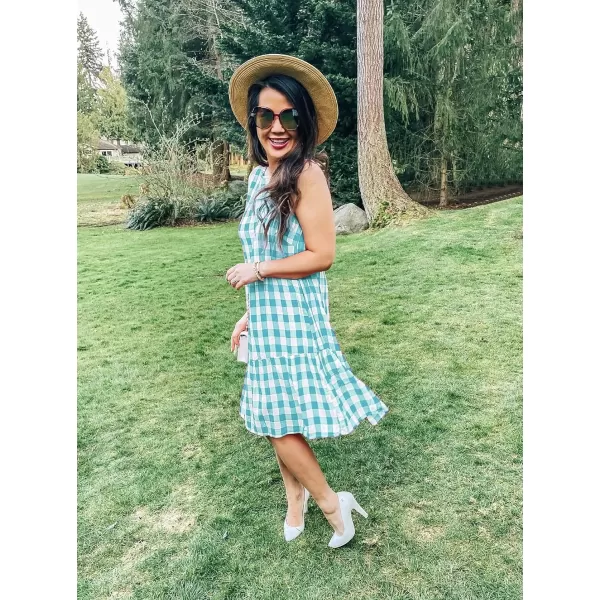 imagePRETTYGARDEN Womens Casual Plaid Sleeveless Ruffle Sundress Round Neck ALine Pleated Mini Short T Shirt Dress with PocketsGreen