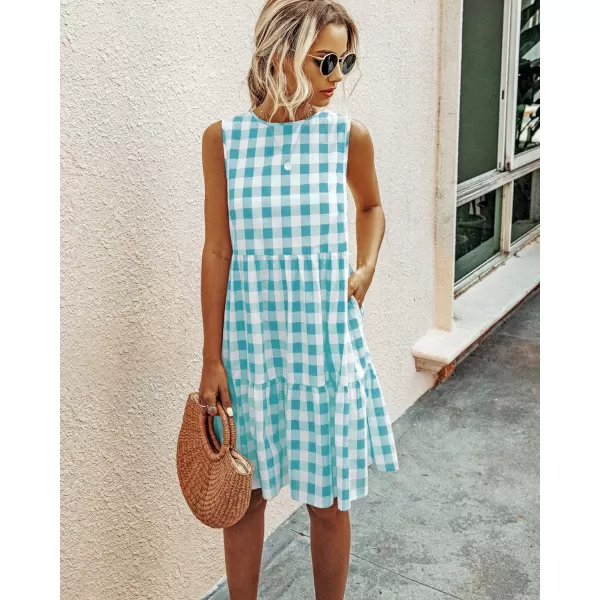 imagePRETTYGARDEN Womens Casual Plaid Sleeveless Ruffle Sundress Round Neck ALine Pleated Mini Short T Shirt Dress with PocketsGreen
