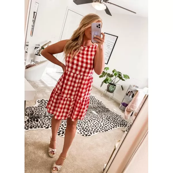 imagePRETTYGARDEN Womens Casual Plaid Sleeveless Ruffle Sundress Round Neck ALine Pleated Mini Short T Shirt Dress with PocketsRed