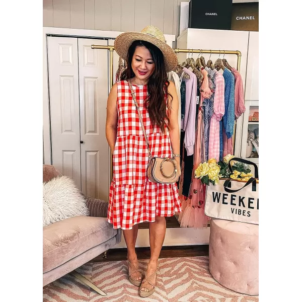 imagePRETTYGARDEN Womens Casual Plaid Sleeveless Ruffle Sundress Round Neck ALine Pleated Mini Short T Shirt Dress with PocketsRed
