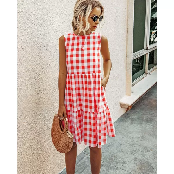 imagePRETTYGARDEN Womens Casual Plaid Sleeveless Ruffle Sundress Round Neck ALine Pleated Mini Short T Shirt Dress with PocketsRed