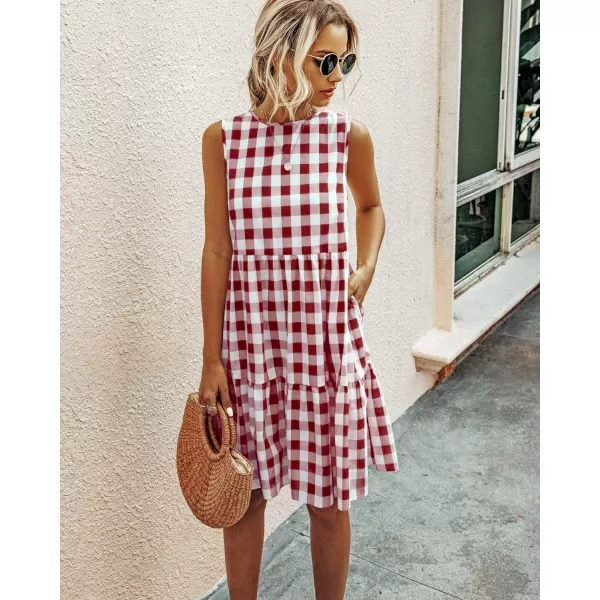 imagePRETTYGARDEN Womens Casual Plaid Sleeveless Ruffle Sundress Round Neck ALine Pleated Mini Short T Shirt Dress with PocketsWine Red