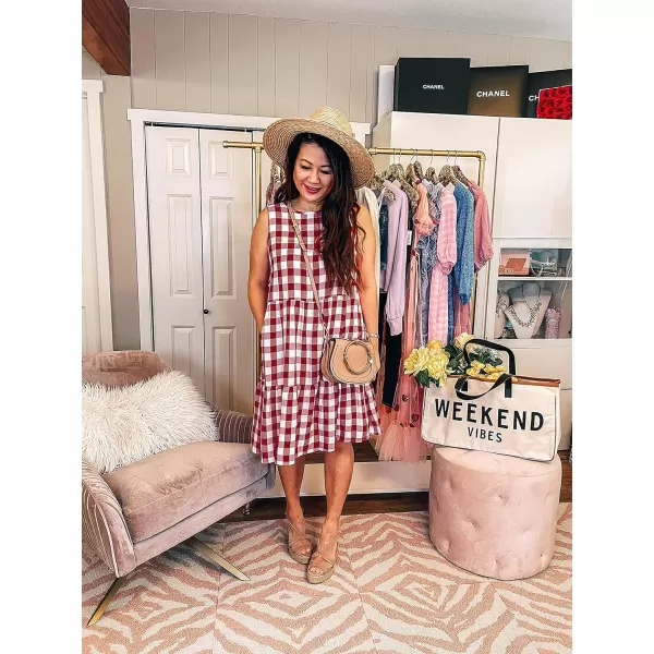 imagePRETTYGARDEN Womens Casual Plaid Sleeveless Ruffle Sundress Round Neck ALine Pleated Mini Short T Shirt Dress with PocketsWine Red