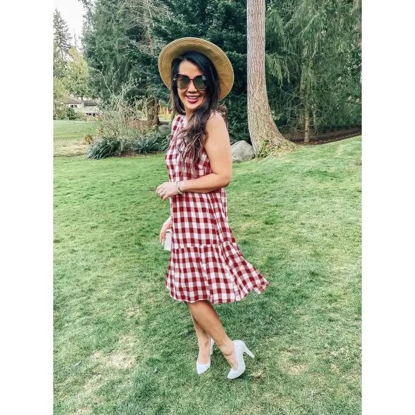 imagePRETTYGARDEN Womens Casual Plaid Sleeveless Ruffle Sundress Round Neck ALine Pleated Mini Short T Shirt Dress with PocketsWine Red