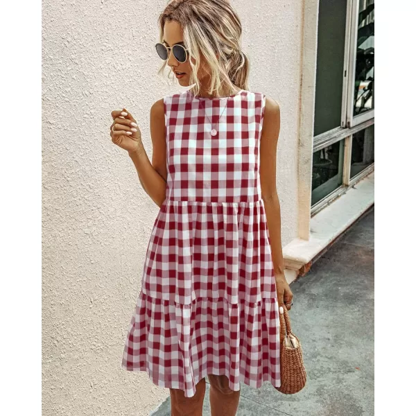 imagePRETTYGARDEN Womens Casual Plaid Sleeveless Ruffle Sundress Round Neck ALine Pleated Mini Short T Shirt Dress with PocketsWine Red