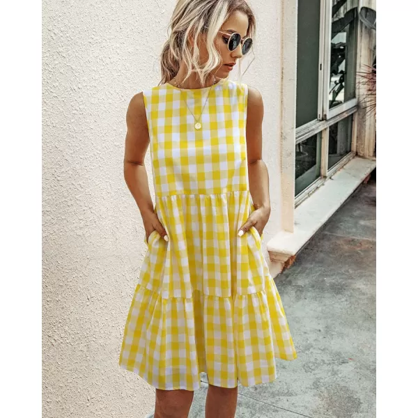 imagePRETTYGARDEN Womens Casual Plaid Sleeveless Ruffle Sundress Round Neck ALine Pleated Mini Short T Shirt Dress with PocketsYellow