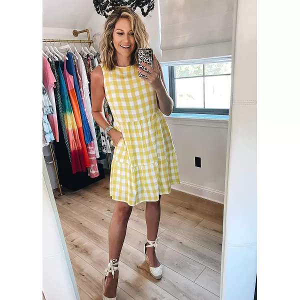imagePRETTYGARDEN Womens Casual Plaid Sleeveless Ruffle Sundress Round Neck ALine Pleated Mini Short T Shirt Dress with PocketsYellow