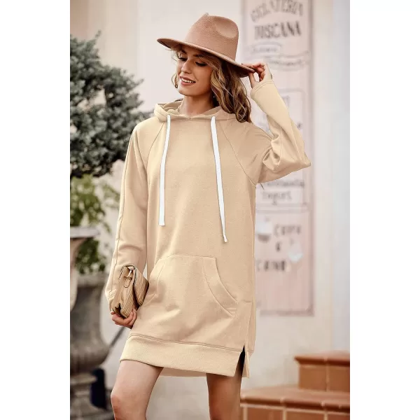 imagePRETTYGARDEN Womens Casual Pullover Sweatshirt Long Sleeve Split Hem Hoodie Dress with Kangaroo PocketApricot
