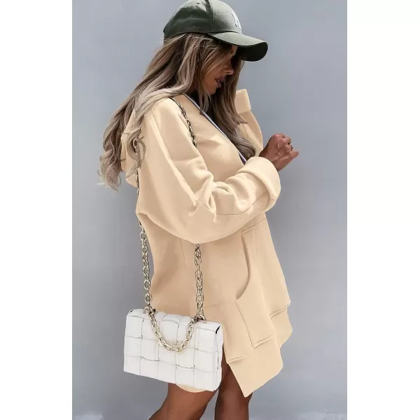 imagePRETTYGARDEN Womens Casual Pullover Sweatshirt Long Sleeve Split Hem Hoodie Dress with Kangaroo PocketApricot
