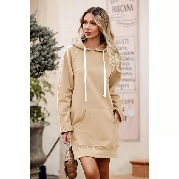 imagePRETTYGARDEN Womens Casual Pullover Sweatshirt Long Sleeve Split Hem Hoodie Dress with Kangaroo PocketApricot