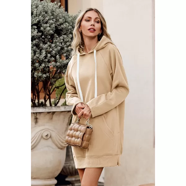 imagePRETTYGARDEN Womens Casual Pullover Sweatshirt Long Sleeve Split Hem Hoodie Dress with Kangaroo PocketApricot