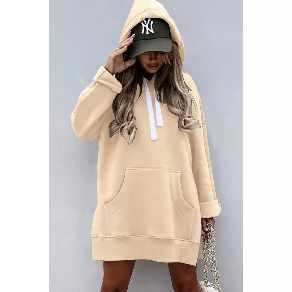 imagePRETTYGARDEN Womens Casual Pullover Sweatshirt Long Sleeve Split Hem Hoodie Dress with Kangaroo PocketApricot