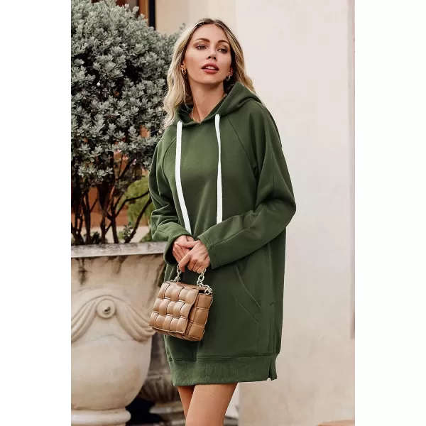 imagePRETTYGARDEN Womens Casual Pullover Sweatshirt Long Sleeve Split Hem Hoodie Dress with Kangaroo PocketArmy Green