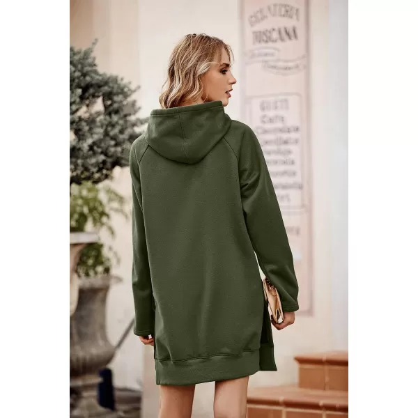 imagePRETTYGARDEN Womens Casual Pullover Sweatshirt Long Sleeve Split Hem Hoodie Dress with Kangaroo PocketArmy Green