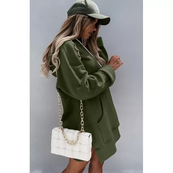 imagePRETTYGARDEN Womens Casual Pullover Sweatshirt Long Sleeve Split Hem Hoodie Dress with Kangaroo PocketArmy Green