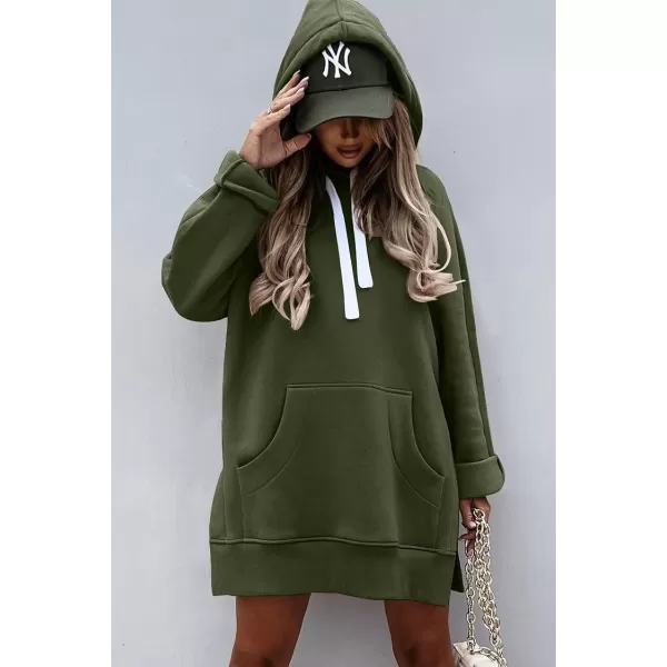 imagePRETTYGARDEN Womens Casual Pullover Sweatshirt Long Sleeve Split Hem Hoodie Dress with Kangaroo PocketArmy Green