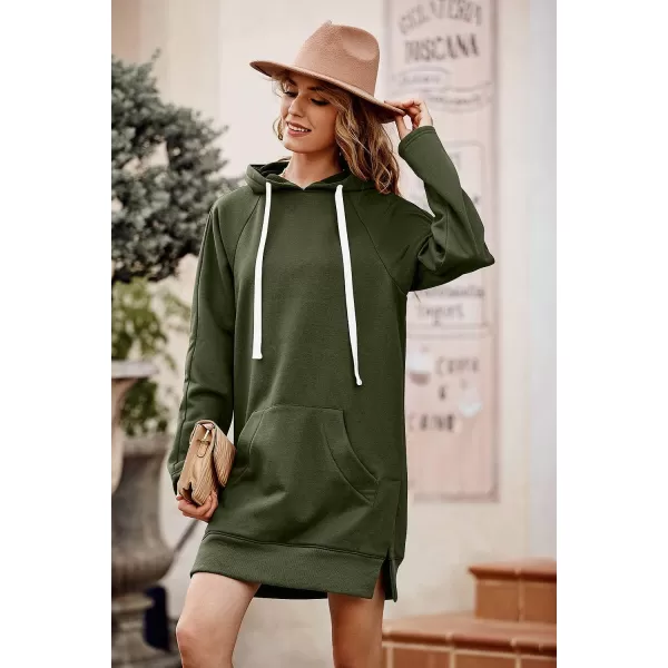 imagePRETTYGARDEN Womens Casual Pullover Sweatshirt Long Sleeve Split Hem Hoodie Dress with Kangaroo PocketArmy Green