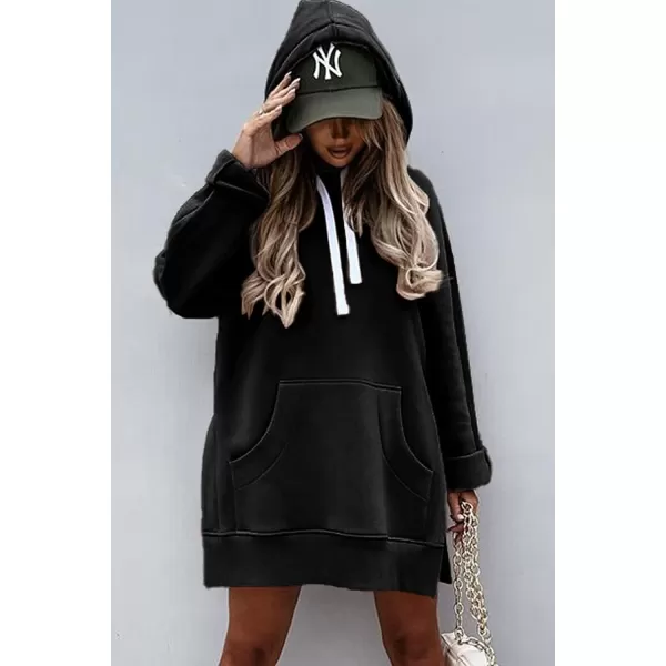 imagePRETTYGARDEN Womens Casual Pullover Sweatshirt Long Sleeve Split Hem Hoodie Dress with Kangaroo PocketBlack