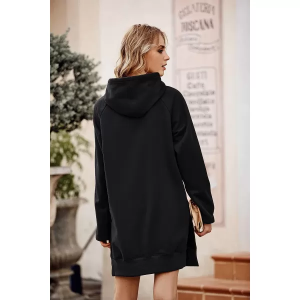 imagePRETTYGARDEN Womens Casual Pullover Sweatshirt Long Sleeve Split Hem Hoodie Dress with Kangaroo PocketBlack