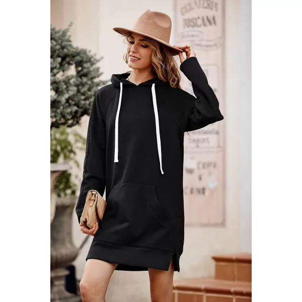 imagePRETTYGARDEN Womens Casual Pullover Sweatshirt Long Sleeve Split Hem Hoodie Dress with Kangaroo PocketBlack